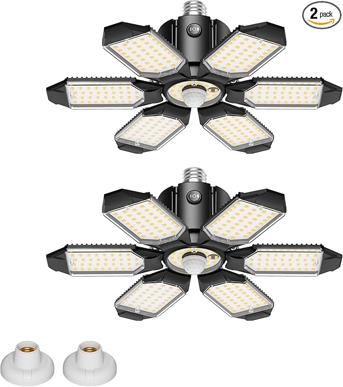 Motion Sensor Garage Lights 20000LM, Motion Activated Garage Ceiling Led Shop Light with Screw-in E26 Socket & Auto Shutoff - Motion Sensor Light Indoor Bulb for Warehouse/Attic/Barn 2-Pack