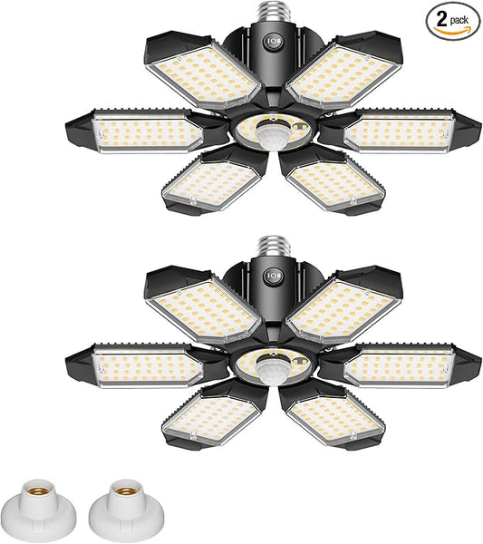 Motion Sensor Garage Lights 20000LM, Motion Activated Garage Ceiling Led Shop Light with Screw-in E26 Socket & Auto Shutoff - Motion Sensor Light Indoor Bulb for Warehouse/Attic/Barn 2-Pack