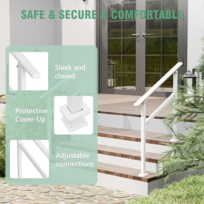 2 Pack Hand Rails for Outdoor Steps,2-3 Step Railing for Stairs,Adjustable Porch Railing,Hand Rails for Seniors,Outdoor Deck Handrails for Exterior Steps,White