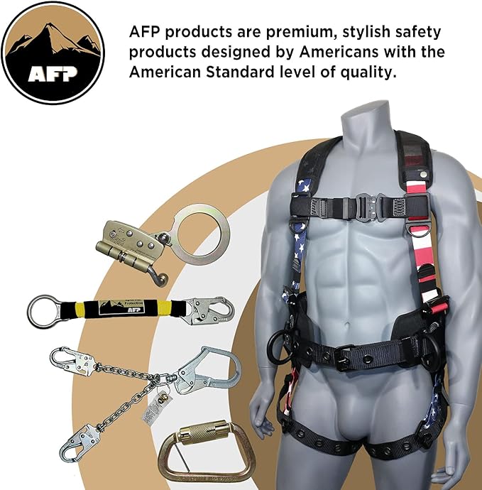 AFP Fall Protection Full-Body Premium Safety Harness, 8” Thick Support Belt, Aluminum D-Rings, Tongue Buckle (OSHA/ANSI PPE)