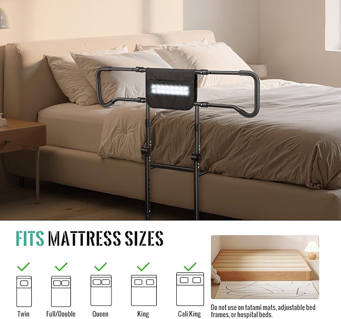 Bed Rails for Elderly Adults Safety with Motion Sensor Light - Adjustable Height Bed Assist Rail w/Storage Pocket, Support Handles Guard Rail for Seniors, King Queen Full Twin Bed