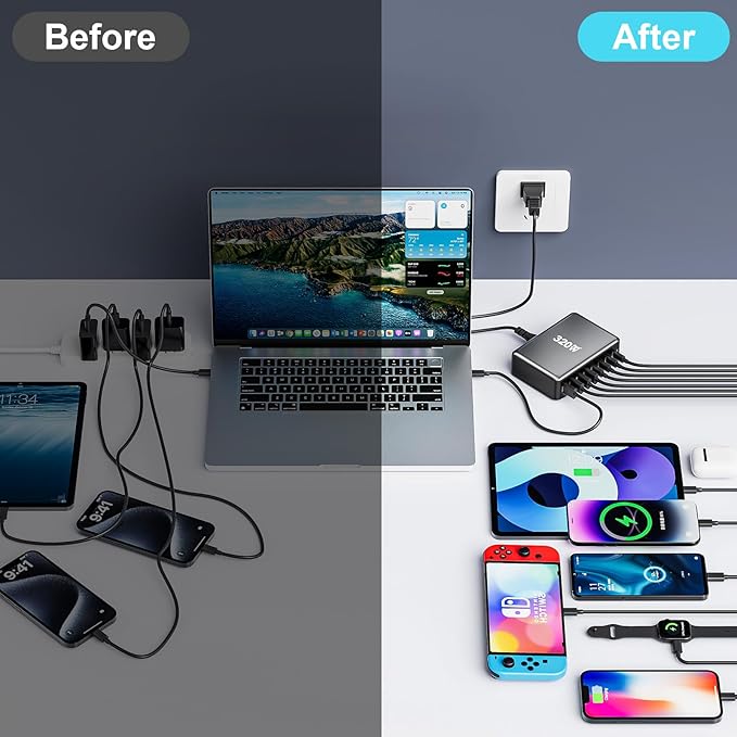 320W USB C Fast Charger Block, 8 Port USB Charging Station, GaN Ⅲ Pro 100W PD PPS Port Fast Charging Station Hub, Laptop Wall Charger Compatible with MacBook/iPhone 16/iPad/Galaxy S23/22 etc