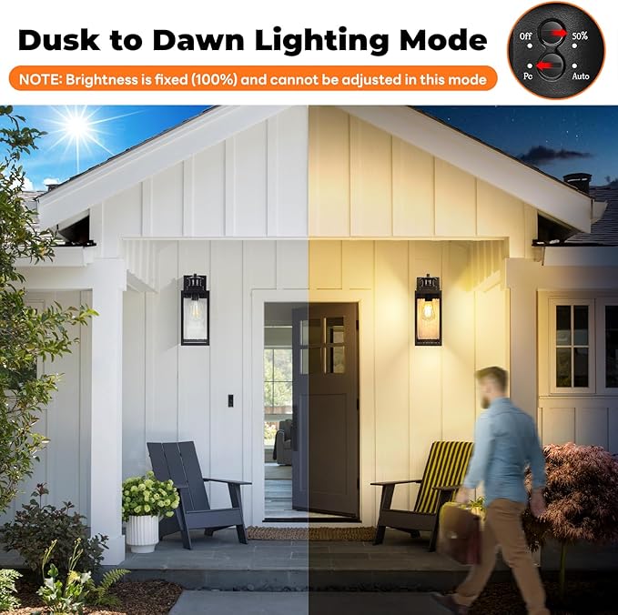 Brightever Motion Sensor Outdoor Lights Fixture, Dusk to Dawn Exterior Porch Light Wall Mount with Water-Rippled Glass, Black Modern Outside Wall Sconce Lanterns for House, Garage, Bulbs Not Included