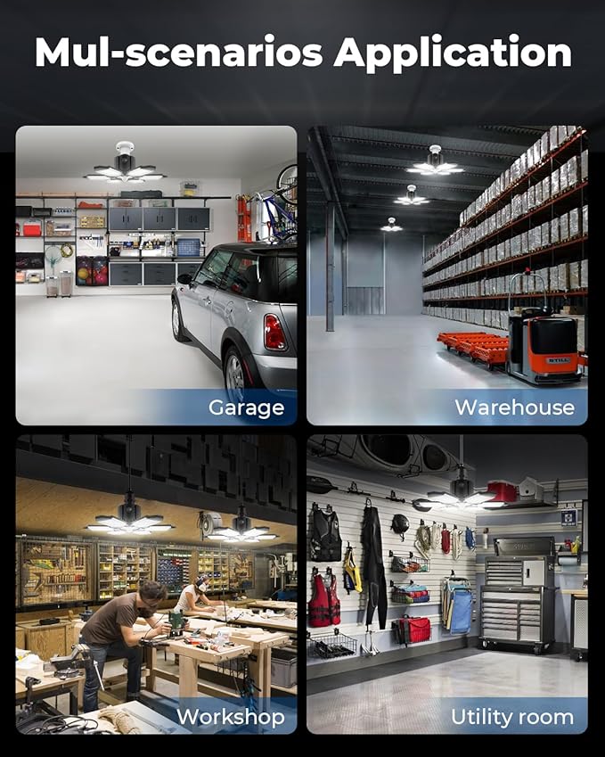 4 Pack Motion Sensor Garage Lights, 20000LM Motion Sensor Shop Light with 3 Switch Modes, 6500K Indoor Motion Activated Shop Lights for Garage, Workshop, Utility Room