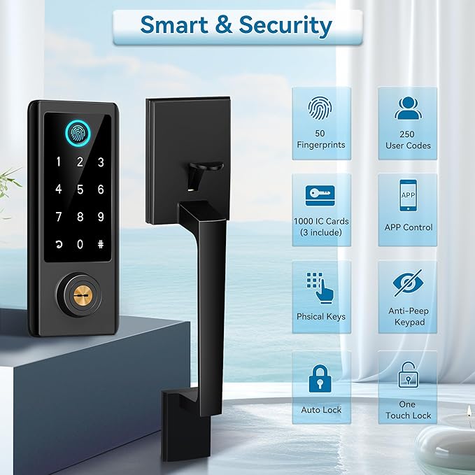 Fingerprint Door Lock with Handle Sets, BEBASIA Keyless Entry Door Lock, Bluetooth Front Handle Set, Smart Deadbolt, Electronic Keypad Digital Lock with Handle, Black