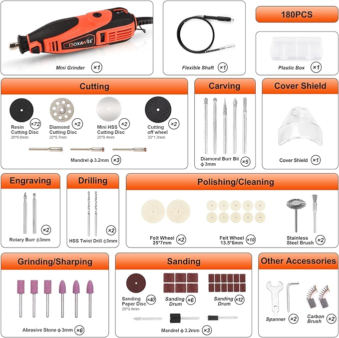 GOXAWEE Rotary Tool Kit with 180 Rotary Tool Accessories & Flex Shaft & Universal Collet, 5 Variable Speed Rotary Multi-Tool, Mini Electric Drill Set for Crafting DIY Project
