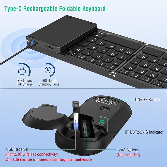Foldable Keyboard and Mouse, EDJO Folding Wireless Keyboard Mouse Combo with Portable Case, Rechargeable 2.4G+Bluetooth Multi-Device Combo for Windows, iOS, Android, MacOS PC/Laptop/Tablet