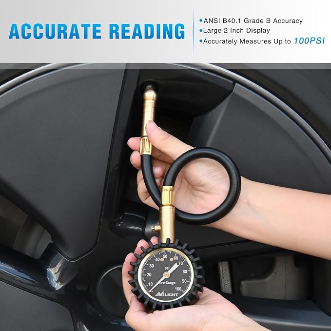 Nilight Tire Pressure Gauge 100PSI Heavy Duty Large 2" Glow Dial ANSI B40.1 Certified Air Chucks Accurate Reading with Extended Hose for Truck Semi Truck ATV Motorhome Cars & RV Accessories