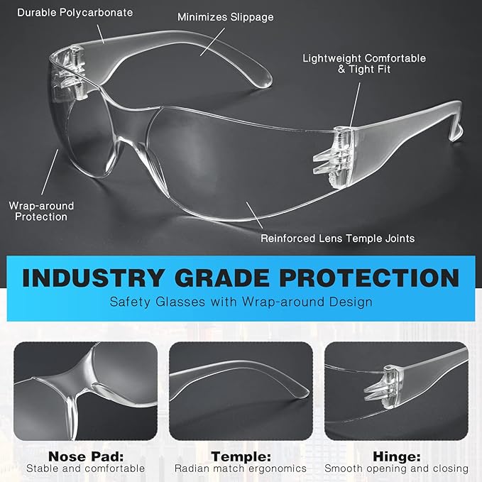 WFEANG Safety Glasses - Eye Protection Glasses with ANSI Z87.1, Scratch & Impact Resistant, Clear Protective Eyewear for Work, Lab, Construction (25pack Clear + 25pack Grey)