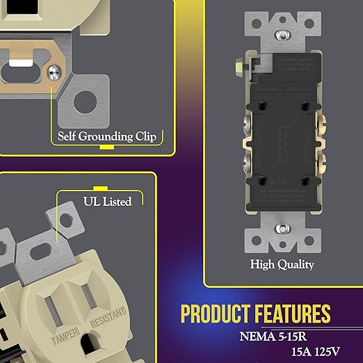 ENERLITES Duplex Receptacle Outlet, Tamper-Resistant, Residential Grade, 3-Wire, Self-Grounding, 2-Pole,15A 125V, UL Listed, 61580-TR-I-10PCS, 4.06" L x 1.31" W, Ivory (10 Pack)
