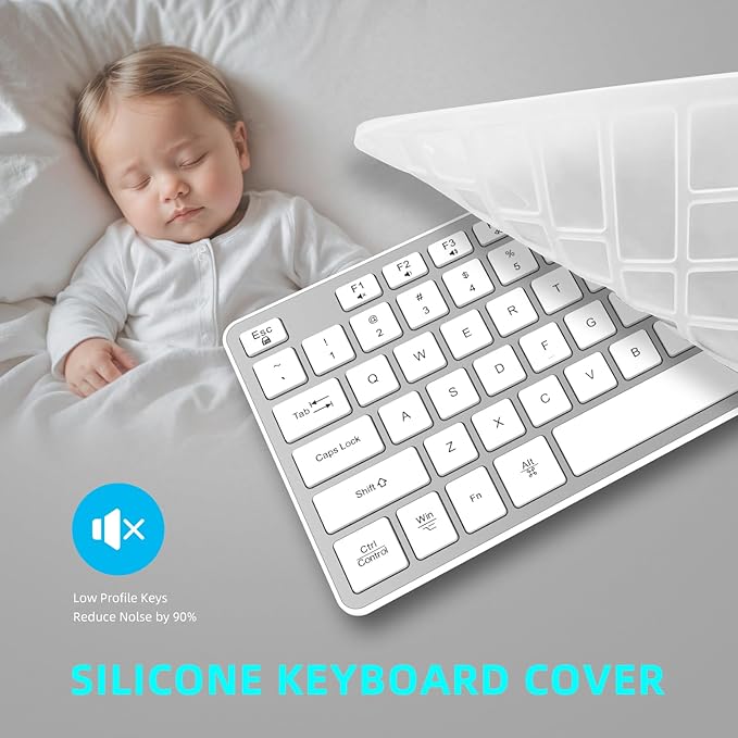 Slim Quiet Wireless Keyboard for Mac and Windows,Durable Flat Keyboard with Full Size Ultra Quiet Low-Profile Flat Keys, 2.4GHz Wireless for Mac,Windows 11/10/8/7/Vista,Microsoft & PC（Silver
