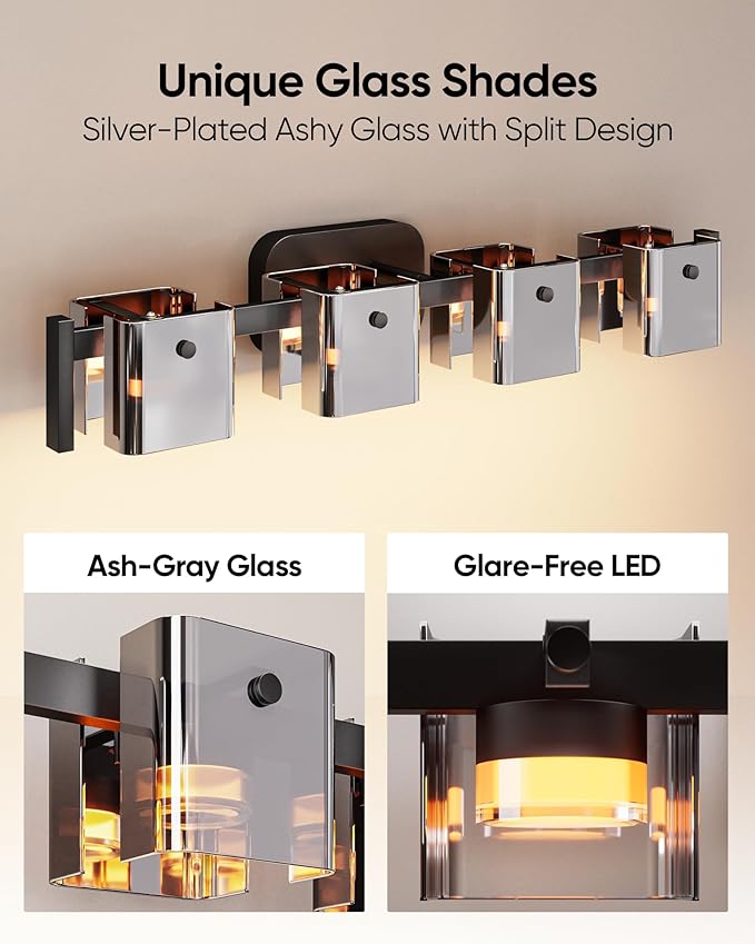 JACKYLED Bathroom Light Fixture, Modern 4-Light Vanity Lights with Art Glass Shades, 3 Color Temperatures LED Bathroom Lighting Fixture Over Mirror, 20W 1200 Lumen 30° Adjustable, Ash Gray Glass