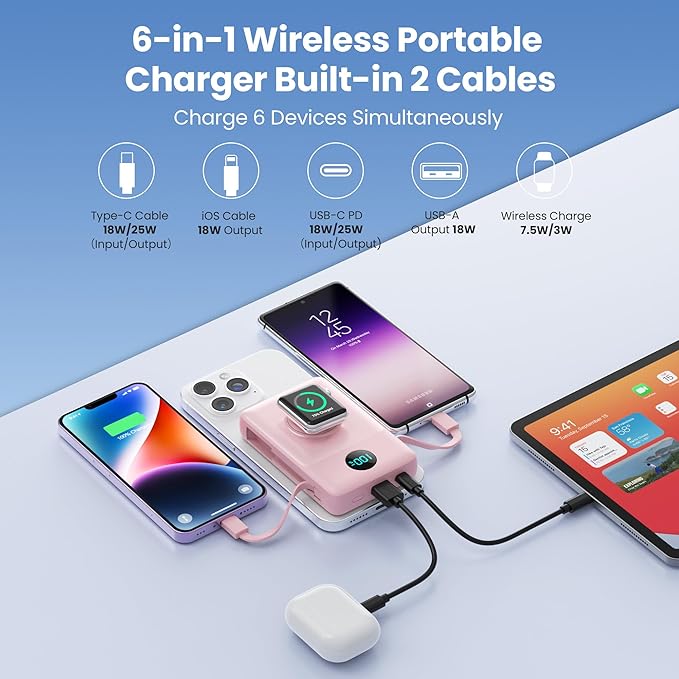 Magnetic Portable Charger 10800mAh with Built-in Cables, 6-in-1 Wireless Power Bank with iWatch Charger, 25W PD Fast Charging USB C Battery Pack for iPhone 16/15/14/13/12,Apple Watch(Pink)