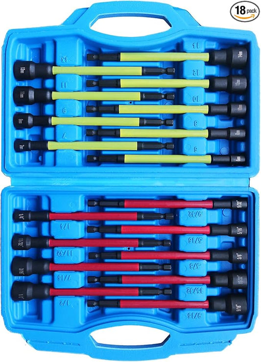 18Pcs Magnetic Nut Driver Set,Impact Power Hex Extra Long Nut Driver Drill Bit Master Kit | SAE & Metric | 1/4 Inch Hex Shank | Cr-V Steel