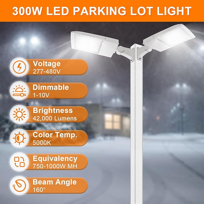 480V 300W White LED Parking Lot Light, 42000LM LED Shoebox Area Light [1000W MH/HPS Equiv.], 5000K Dimmable Outdoor Street Lighting with Surge Protection Built-in, IP65 AC100-277V UL&DLC Listed