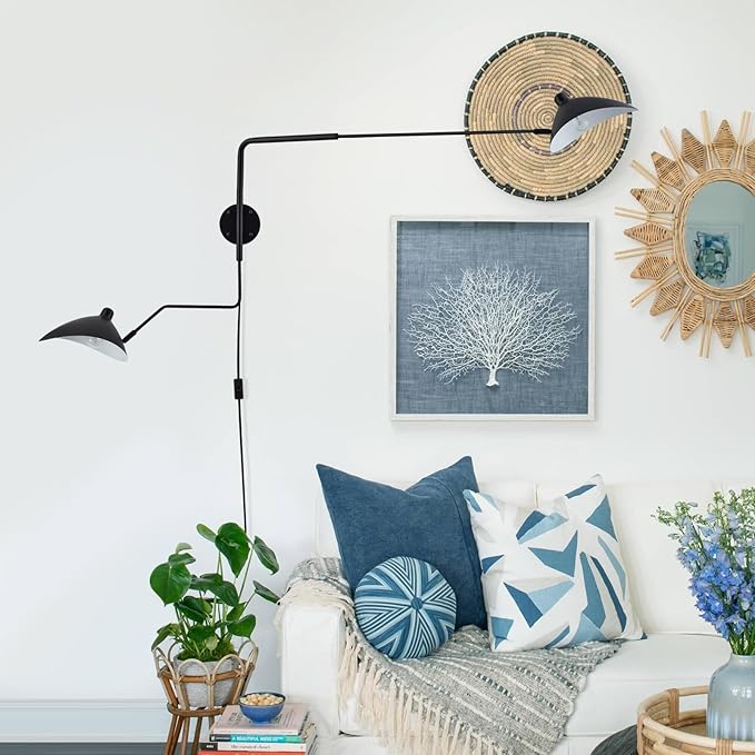67" Mid-Century Wall Sconce Plug in with Adjustable 2-Arms, Matt Black Wall Lights with On/Off Cord for Bedroom, Living Room, Dining Room 2-Light
