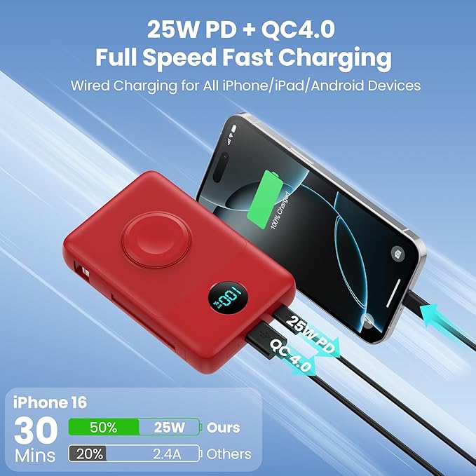 Magnetic Portable Charger 10800mAh for iPhone with Built-in Cables, 6-in-1 Wireless Power Bank with iWatch Charger, 25W PD Fast Charging USB C Battery Pack for iPhone 16/15/14/13/12, Apple Watch(Red)