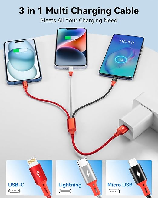 [3Pack 1Ft] Multi Charging Cable, Short Multi Charger Cable, 3 in 1 Braided Universal Multiple USB Cable Charging Cord Adapter with IP/Type-C/Micro USB Port for Cell Phones/iPhone Series/Galaxy & More