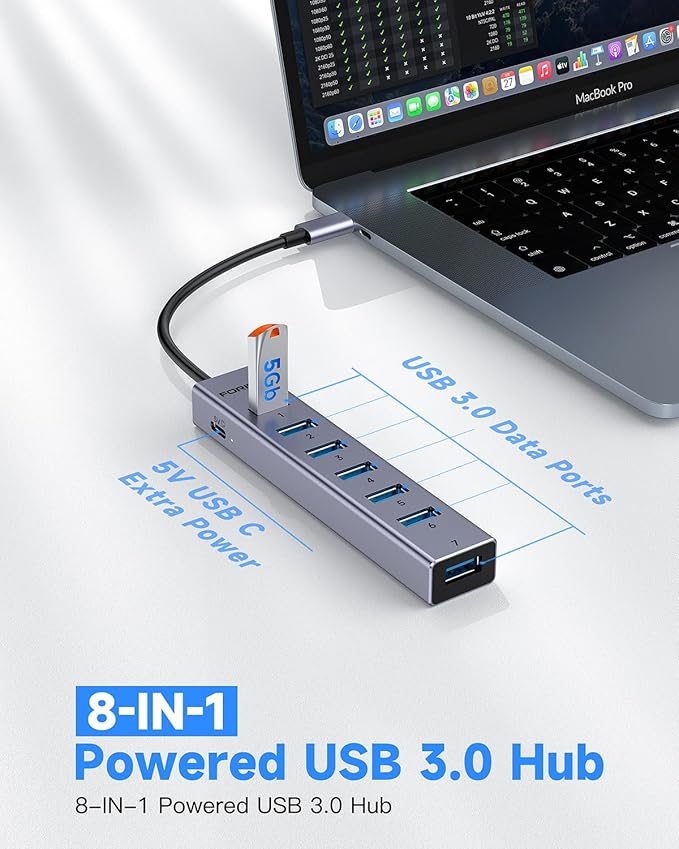 FORIDA USB C Hub, 8 Ports USBC HUB with 7 USB 3.0 Data Ports, Aluminum Alloy Shell USBC Splitter with USB C 5V/3A Power Port Compatible with MacBook, iPad, Surface Pro, XPS, PC and More