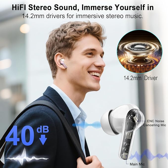 Wireless Earbuds, Bluetooth Headphones 5.4 HiFi Stereo, Ear Buds with 4 ENC Noise Cancelling Mics, 48H Bluetooth Earbuds with Dual LED Display, IP7 Waterproof Earphones for Android iOS, Rose Gold