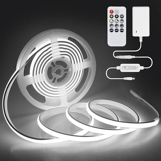10FT COB LED Rope Lights with Dimmer 24V Outdoor LED Strip Lights Waterproof Daylight White 6000K Ultra Bright 320LEDs/M Flexible LED Light Strip for Indoor Cabinet 3M (Includes Adapter)