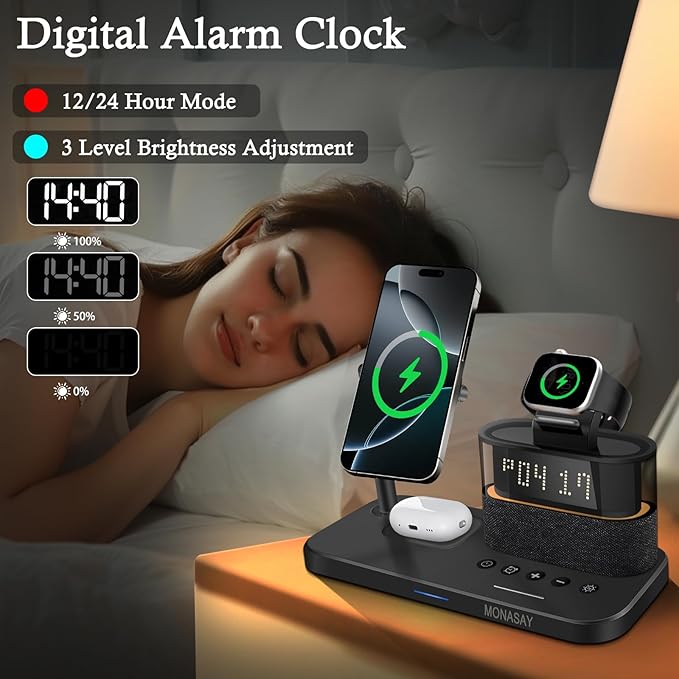 MONASAY Qi2 5 in 1 Wireless Charging Station, 23W Wireless Charger with Alarm Clock for Multiple Devices, Magnetic Charger Stand for iPhone 16/15/14/13/12 Series and AirPods, Apple Watch Series, Black