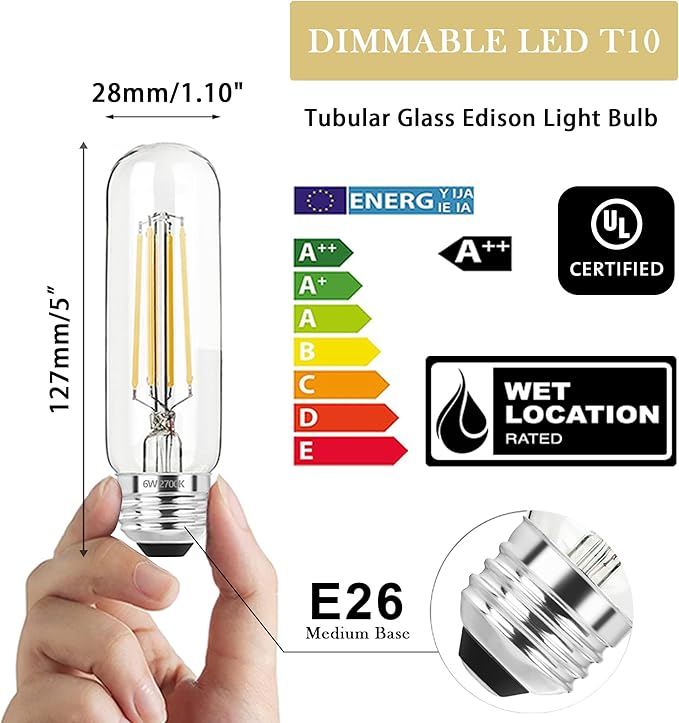 5 Inch Edison Bulb, 2700K Soft White E26 Led Bulb 6W Dimmable, 800LM T10 T9 Bulb Clear Glass Tubular Light Bulbs, AC 120V Equal 80 Watt Bulbs for Chandelier Pendant Wall Light - 4Pack