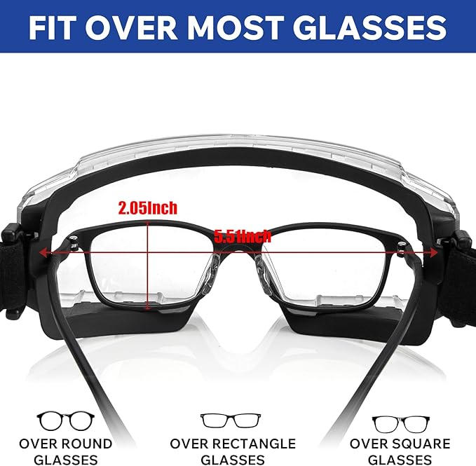 Safety Goggles Over Glasses, ANSI Z87.1 Certified Eye Protection for Chemistry Lab Work & Industrial Use - Wide Vision Anti-Fog Clear Lens - Extreme Impact Resistance - Adjustable Strap (2 Pack)