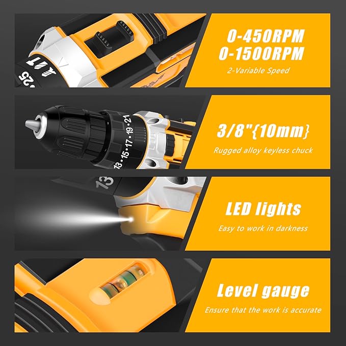 Cordless Drill Tool Kit Set: 21V Power Drill Tool Box with Battery, 2-Speed, 42N.m Max, Electric Screwdriver Driver for Men Home Hand Repair Basic Toolbox Tools Sets Drills Case