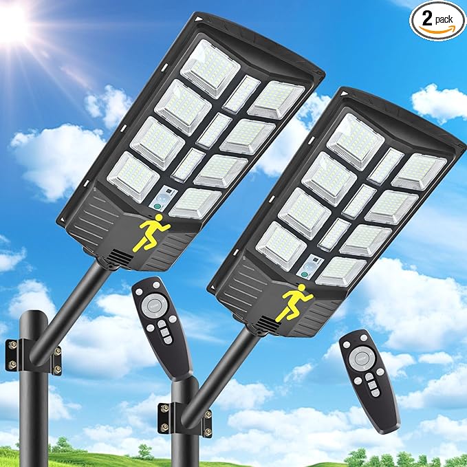2 Pack 2000W Solar Street Lights Outdoor 200000LM Commercial Parking Lot Lights Dusk to Dawn, Waterproof Solar Security Flood Lights with Motion Sensor Remote for Yard, Garage, Driveway