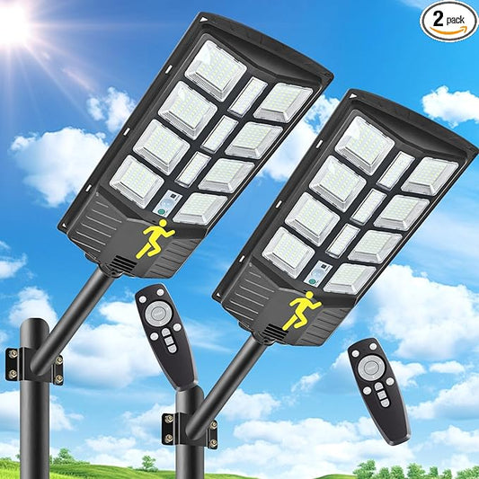 2 Pack 2000W Solar Street Lights Outdoor 200000LM Commercial Parking Lot Lights Dusk to Dawn, Waterproof Solar Security Flood Lights with Motion Sensor Remote for Yard, Garage, Driveway