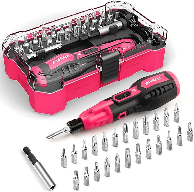 DIYSELF Electric Screwdriver Cordless Rechargeable 3.7V Power Screwdriver with LED Light 28-Piece Small Electric Screwdriver Kit Includes Bits, Magnetic Bit Holder, USB Charging Cable, Carrying (Pink)