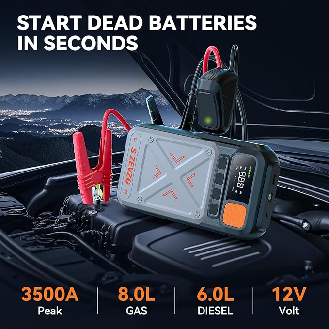 B29L 10 in 1 Car Jump Starter with Air Compressor, 3500A 150PSI Jump Box Battery Pack(8.0 Gas/6.0L Diesel), Portable 12V Jump Box with Cordless Auto-Shutoff Tire Inflator, USB Ports, LCD Display