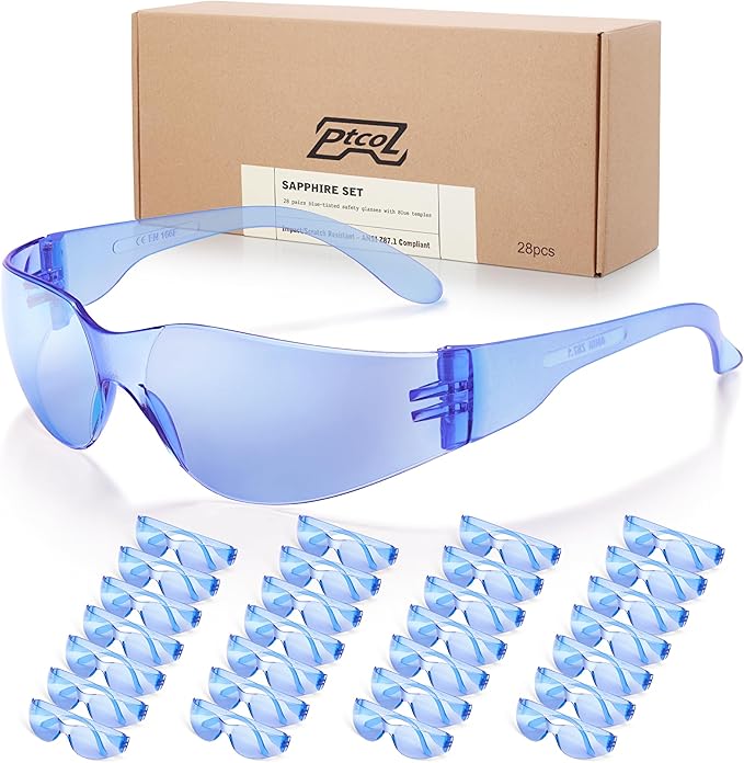 28 Pack Safety Glasses BLUE Tinted (Bulk Pack of 24+4) Unisex Anti-Scratch Protective Goggles Impact Resistant Lens Eyewear with ANSI Z87.1 Certified for Construction, Shooting and Laboratory