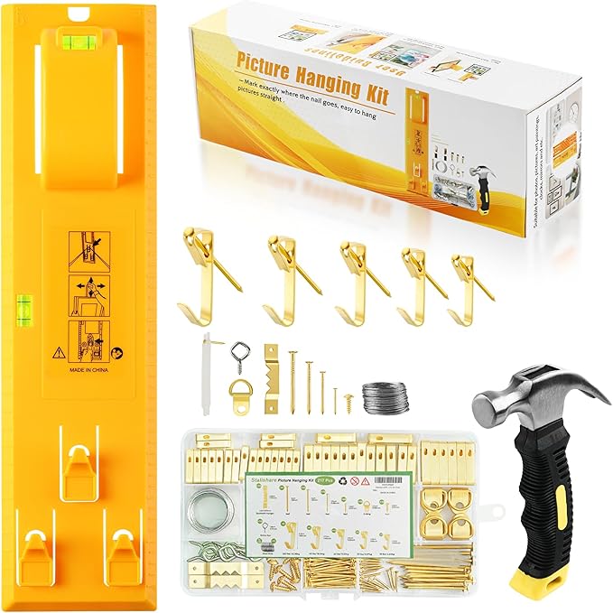 Picture Hanging Kit, Goodsnova Picture Hanging Tool with Level for Easy Marking Position, Including 218PCS Instaframe Hanging Kit with Hooks, Nails, Wires, Hammer for Art/ Photos (Yellow)