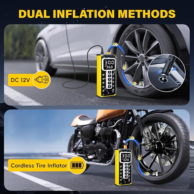 Tire Inflator Portable Air Compressor, 150PSI Air Pump for Car Tires, Auto Shut-Off Fast Inflation Tire Pump with Pressure Gauge & LED Light for Car, Bike, Motorcycle, Ball