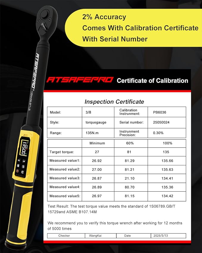 Digital Torque Wrench 3/8" Drive, 1.5-99.5 FT.Lb - 5 Units with Color Screen, Vibration/Buzzer/LED, 5" Extension & 3/8 to 1/2 Adapter, 3/8 Torque Wrench ±2% Accuracy for Car, Motorcycle, Bike Repair