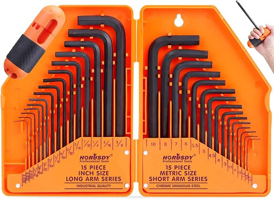 HORUSDY 32-Piece Hex Key Set with Another Torque Handle, Allen Wrench Set Inch/Metric MM(0.7mm-10mm) SAE(0.028"-3/8)