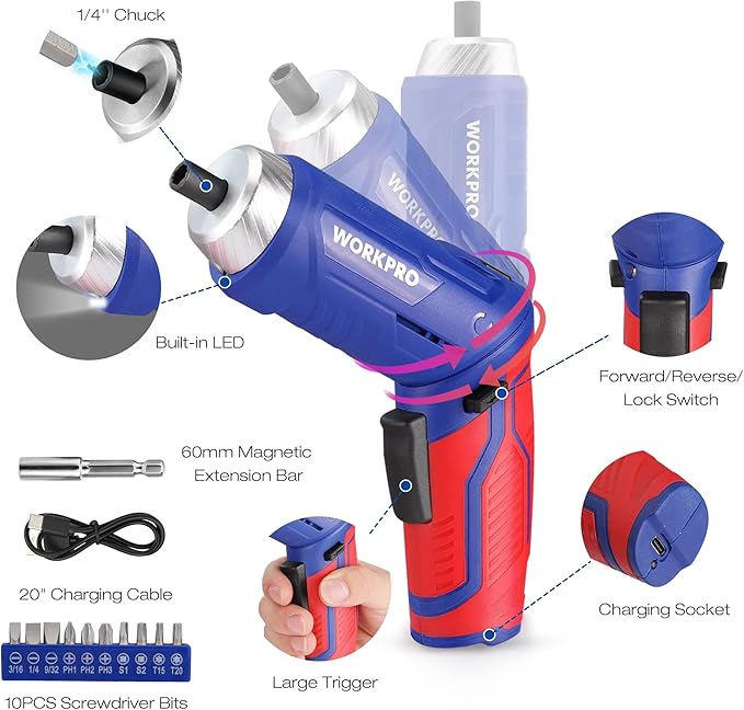 WORKPRO Home Tool Kit with 3.7V Rotatable Electric Screwdriver, 18PCS General Household Tool Kit with Toolbox, Rechargeable Electric Screwdriver Kit, Basic Portable Tool Set for Dorm, Garage, DIY