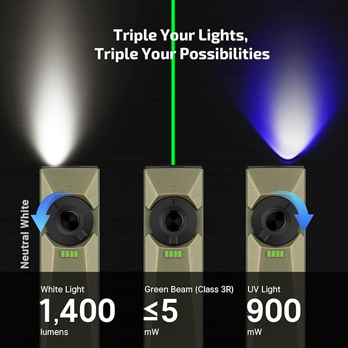 OLIGHT Arkfeld Ultra 1400 Lumens EDC Flat Flashlight, Rechargeable Compact Pocket Flash Light Combines White LED, UV and Green Beam, Triple Sources Perfect for Checking, Working (Olive-Green NW)