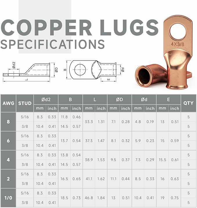 iCrimp Battery Cable Lug Crimping Tool Kit for Copper Lugs Awg 8-1/0,Battery Cable Crimper with 90pcs Copper Battery Lugs/Heat Shrink Tube