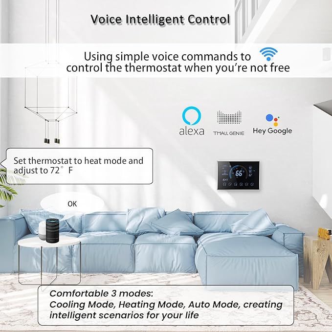 Smart Thermostats for Home, Digital Thermostat with App, WiFi Thermostats for Home Heat Pumps, Cooling Heating & Auto, Includes C-Wire Adapter, LCD Screen/Voice Control/Weather/Energy Saving