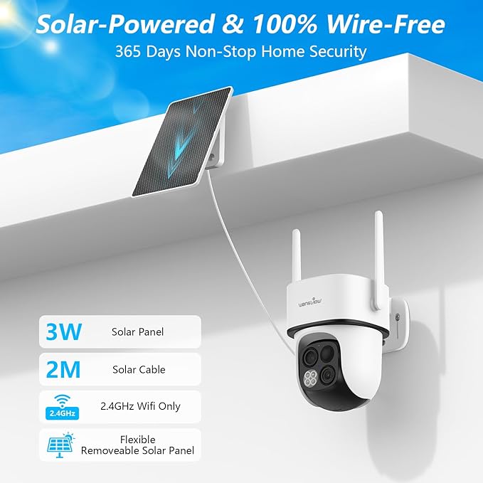 wansview Security Cameras Wireless Outdoor-2K Dual Lens Home Security Cameras, 360° View, Solar Panel Battery Powered, Color Night Vision, PIR Sensor, IP65 Waterproof, Work with Alexa, B7 2P White