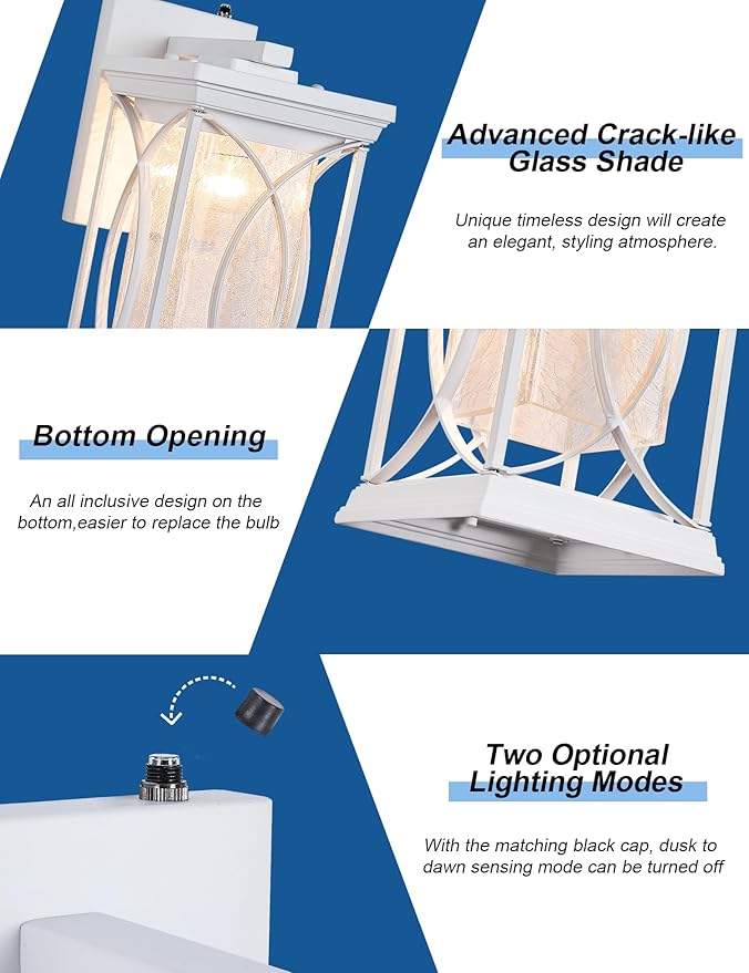 White Outdoor Sconce Dusk to Dawn Exterior Light Fixtures Wall Mount Porch Light Modern Outdoor Wall Light Aluminum with Crack-Like Glass IP65 Waterproof Outside Coach Light for House