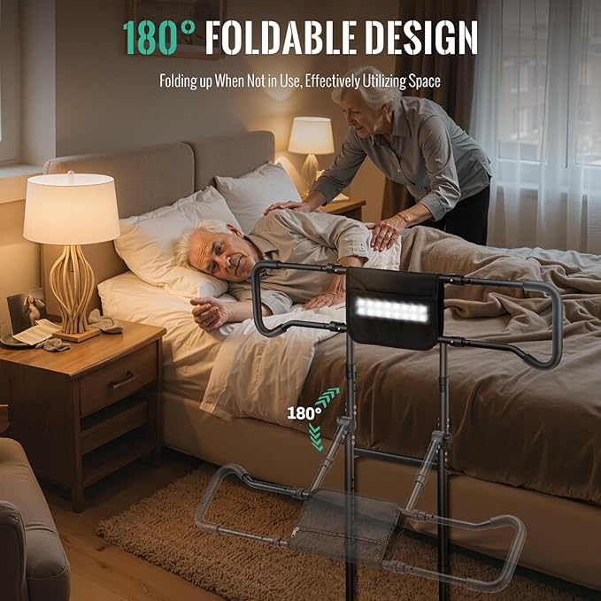 Bed Rails for Elderly Adults Safety with Motion Sensor Light - Adjustable Height Bed Assist Rail w/Storage Pocket, Support Handles Guard Rail for Seniors, King Queen Full Twin Bed