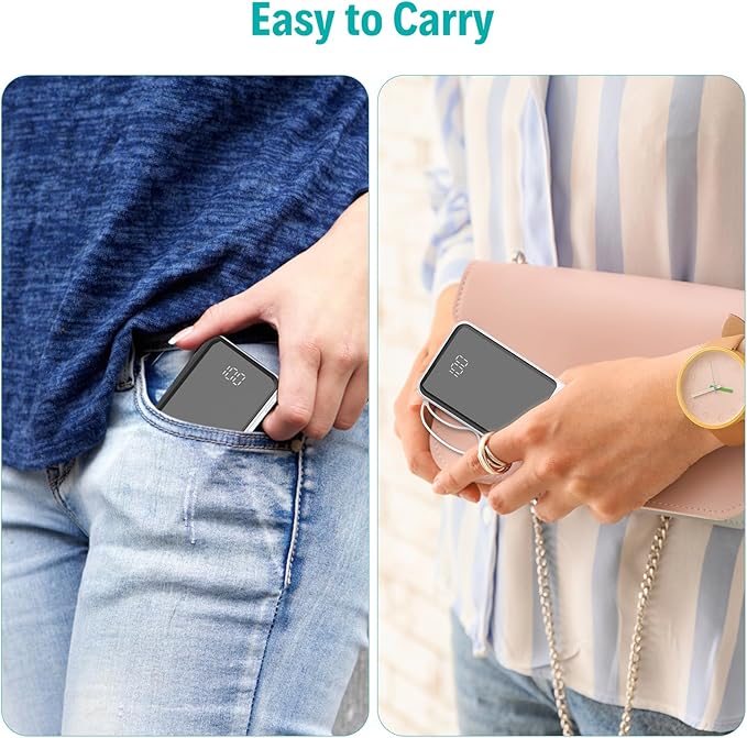 Portable Charger with Built in Cables,10000mAh Slim USB C Power Bank,5 Output 3 Input LED Display High Speed External Battery Pack Travel Phone Charger for iPhone Samsung Pixel LG Moto iPad,White