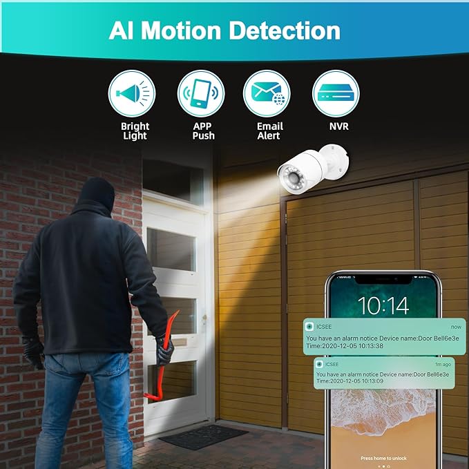 8Channel Security Camera DVR System H.265+ Surveillance DVR Recorder with 8pcs Surveillance Cameras with Human Detection, Mobile APP & PC Remote, Smart Playback Pre-Installed 1TB Hard Drive