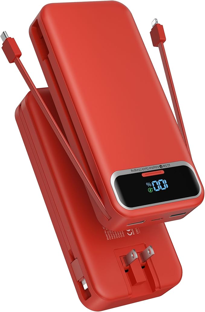 Portable Charger Power Bank with Built in Cables and AC Wall Plug,PD20W&SCP22.5W USB-C Super Fast Charging,20000mAh Travel Phone Charging,LED Display Battery Pack Compatible All iPhone Samsung etc