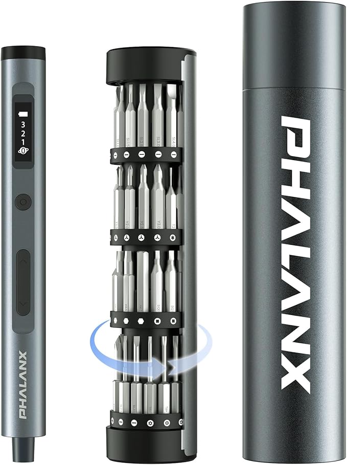 PHALANX Mini 3.7V Electric Screwdriver - Precision Screwdriver Set with 60-in-1 Magnetic Bits, Magnetic Rotatable Rack, 5/32''Hex, Electric Screw Driver Cordless for Phone, Camera, Laptop, Watch