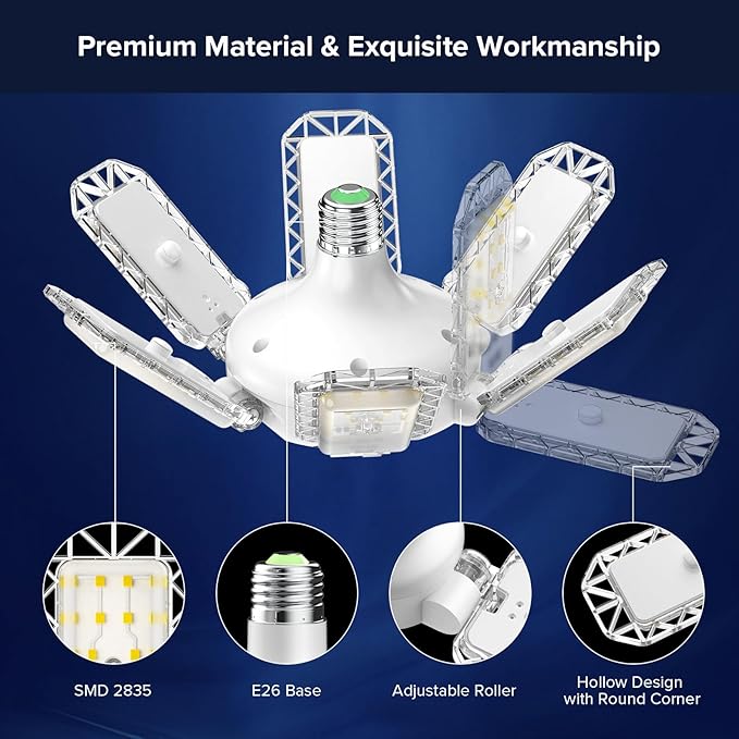 SANSI Garage Lights, 600W Equiv.Garage Lighting Ceiling LED，60W Super Bright Shop Light for Workshop, E26 5000K Daylight Screw in Bulbs with 6+1 Adjustable Panels, ETL Certified for Storage Room